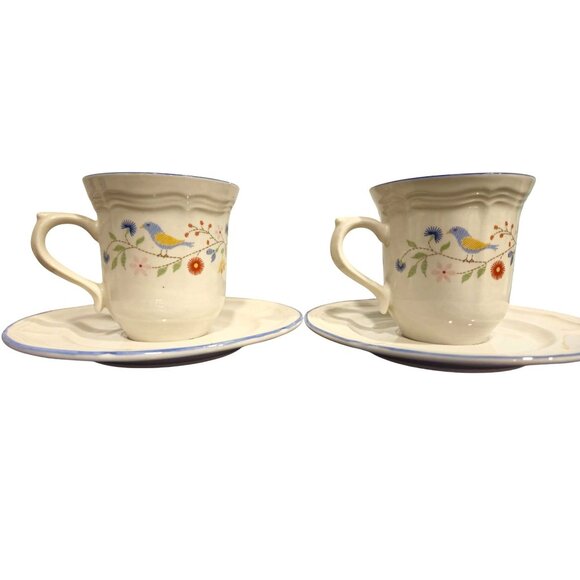 Vtg BrickOven Stoneware Mugs & saucer set 4pc Heritage Pattern Birds Flowers - Picture 3 of 11